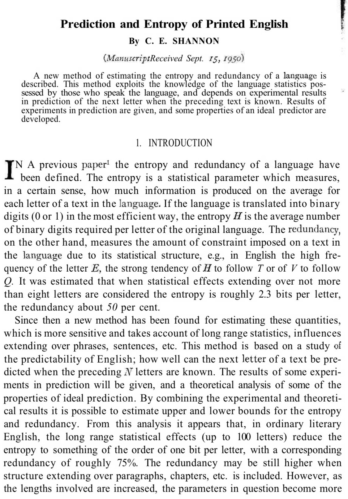 Prediction and Entropy of Printed English by C. E. Shannon (1950)
